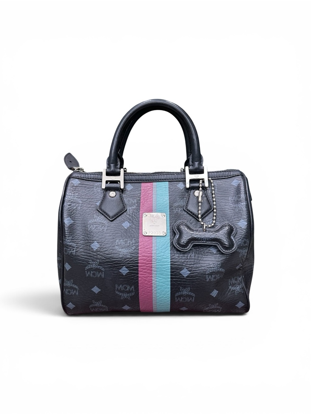 MCM Pet Collection Black Visetos Boston Bag Dog Bone Charm Satchel